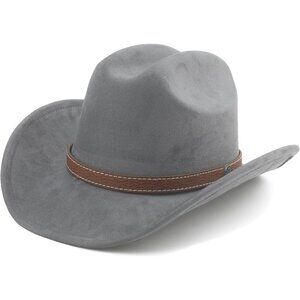 Unisex Grey Western Faux Stitched Leather Band Classic Fedora Cowboy Felt Hat